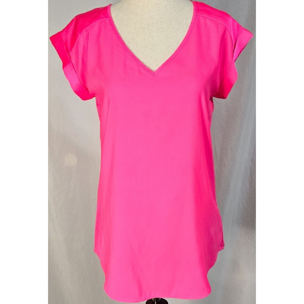 Express Hot Pink Blouse Top Short Sleeve V Neck Classic Work Shirt Neon